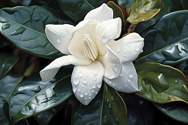 Closeup of fresh Gardenia flowers with dew drops in tropical garden copy space White Jasmine flower