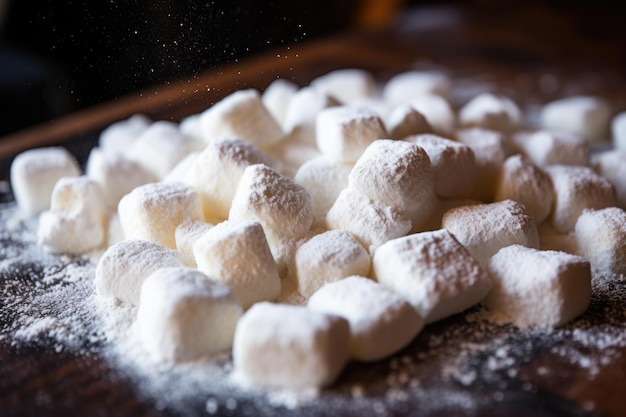 Foto primo piano degli gnocchi freschi su una superficie infarinata