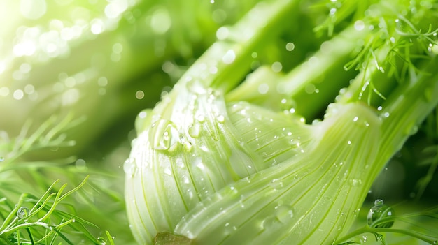 Photo closeup of fresh green fennel bulb with water drops