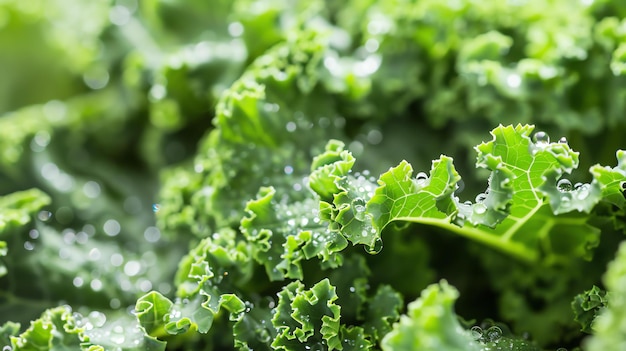 Closeup of fresh green kale leaves with water drops