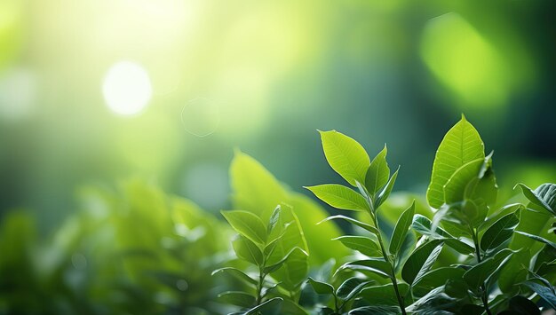 Closeup of fresh green leaves on blurred nature background with sunlight