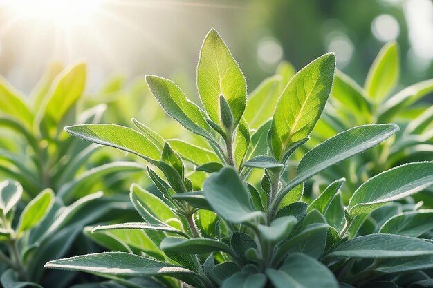 Closeup of fresh green leaves of sage on blurred background against sunlight in nature