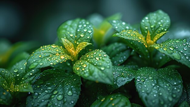 Photo closeup of fresh green leaves with sparkling dewdrops bathed in the soft diffused light of