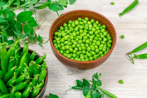 Closeup of fresh green peas in a bowl against the background of leaf shoots sprigs of young green peas on a white wooden table Vitamins vegetarianism