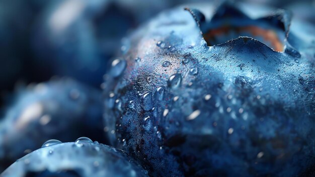 Photo closeup of a fresh and juicy blueberry with water drops on its surface the blueberry is dark blue in color and has a slightly wrinkled texture