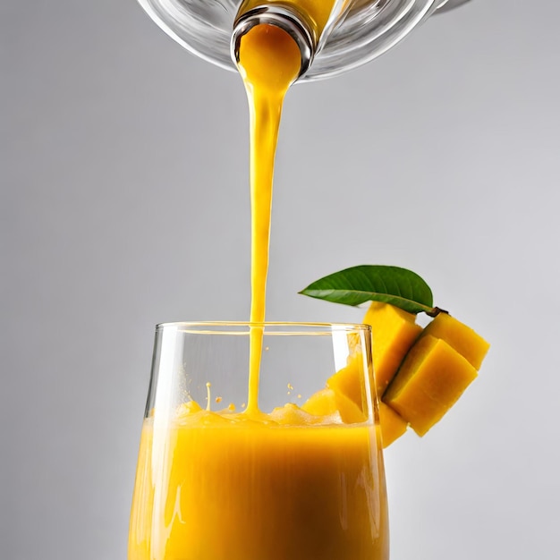closeup of fresh mango Juice Pouring Into Glass with a white background