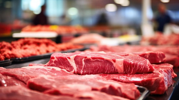 Близкий снимок свежего мяса в витрине супермаркета