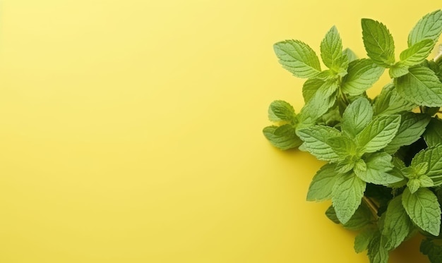 Closeup of fresh mint leaves on a pastel yellow background AI Generative