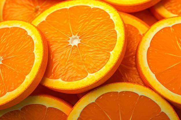 Closeup of fresh orange fruit slices with green leaves on white background