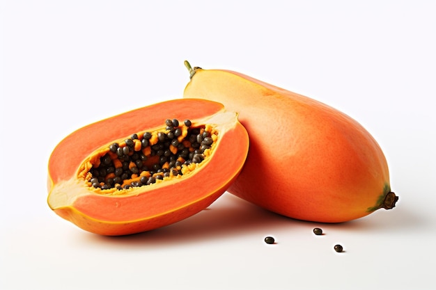 Closeup of a fresh papaya fruit sliced in half isolated on a white surface