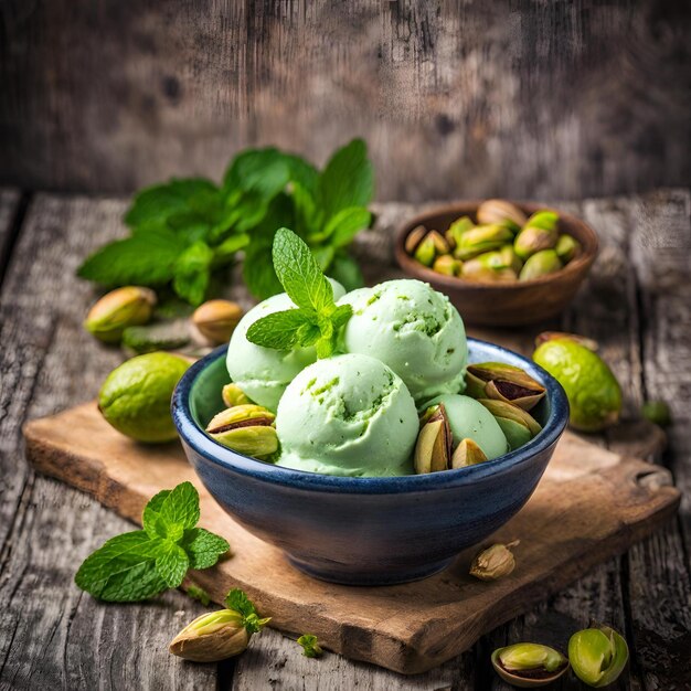 closeup of fresh pistachio or mojito ice cream with mint served in bowl on the wooden background