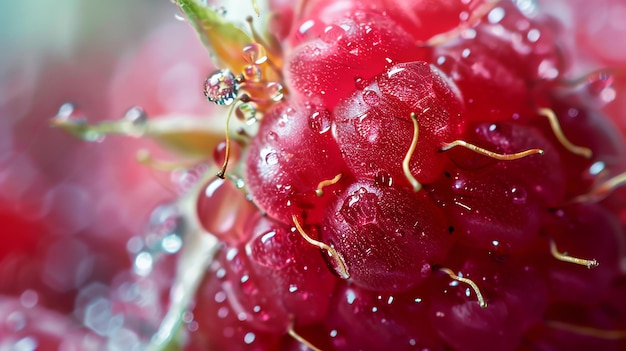 Photo closeup of a fresh raspberry with water drops on a white background