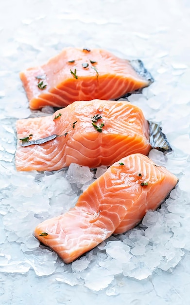 Closeup Fresh raw salmon fillets on Ice