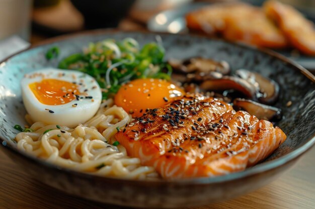 Close-up di una ciotola di ramen di salmone fresco con uova e funghi