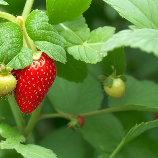 Closeup of fresh strawberry on bush with green leaves growing in the garden