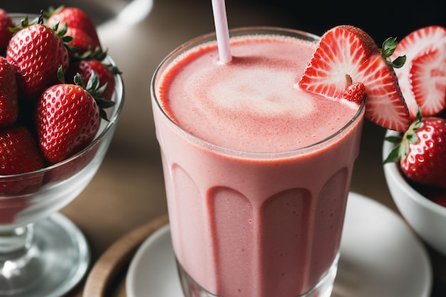 Closeup of a fresh strawberry smoothie in a glass