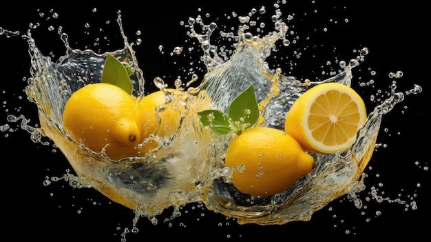 Closeup fresh yellow lemon splashed with water on black and blurred background