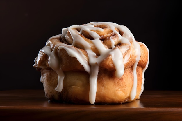 Closeup freshly baked cinnabon roll with sweet glaze flowing down Generated AI