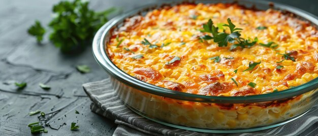 A Closeup of a freshly baked golden corn casserole in a glass dish