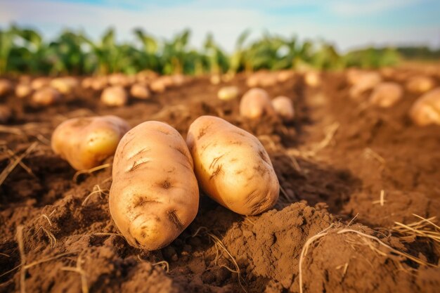 Closeup of freshly dug potatoes at sunset picking potatoes on the field healthy organic produce