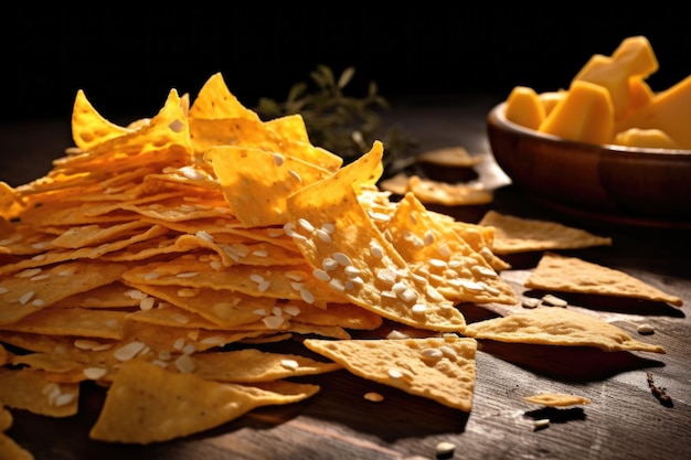 Closeup of freshly grated cheese on tortilla chips