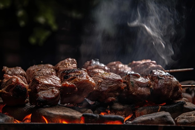 煙と焼けるようなジュースが見える、焼きたての牛肉のシシカバブのクローズアップ