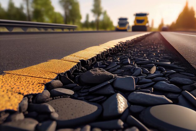 Closeup of freshly patched road with view of traffic in the background