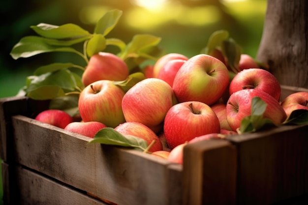 Closeup of freshly picked apples in a wooden crate created with generative ai