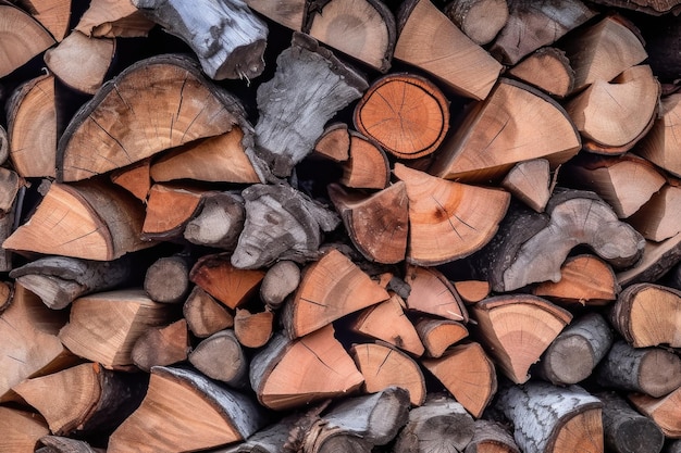 Closeup of freshly split firewood stacked neatly
