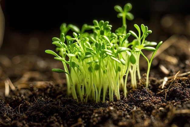 Closeup of freshly sprouted seedling with green leaves and delicate roots created with generative ai