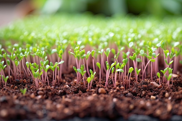 Closeup of freshly sprouted seeds in garden bed created with generative ai