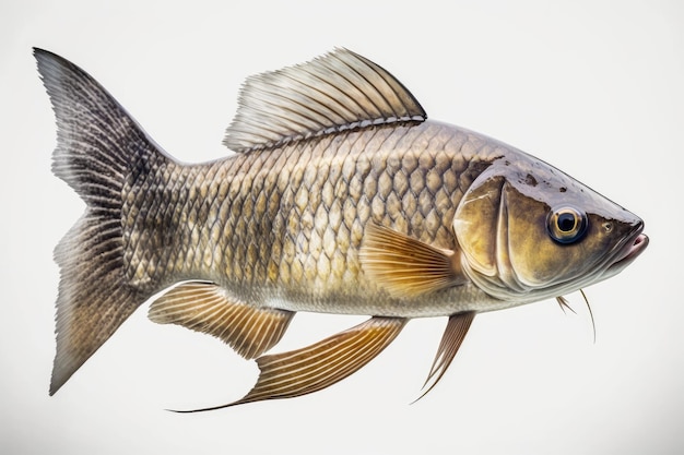 Closeup of a freshwater fish on a white background A member of the Cyprinidae family of fish the grass carp has the type species Ctenopharyngodon idella