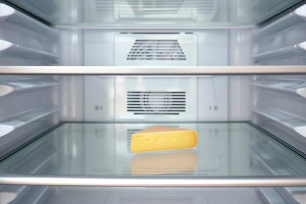 Photo closeup of a fridges empty shelf with a small cheese wedge