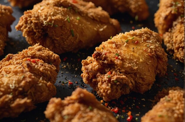 Photo a closeup of fried chicken being seasoned with peppe