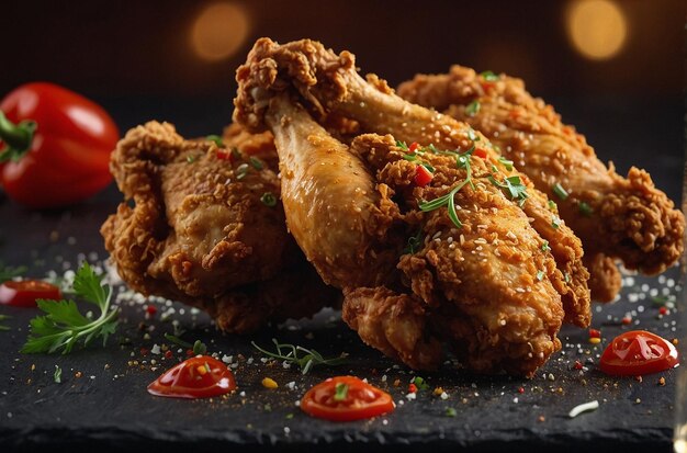 Photo a closeup of fried chicken being seasoned with peppe