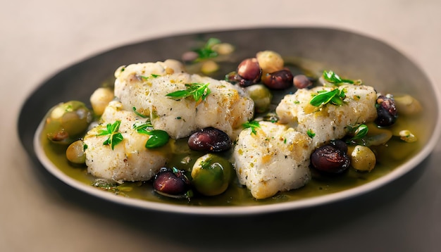 Closeup of fried cod loin with roasted potatoes and olives