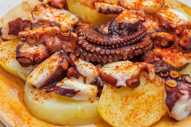 Closeup of fried octopus and boiled potatoes with paprika on plate in a restaurant