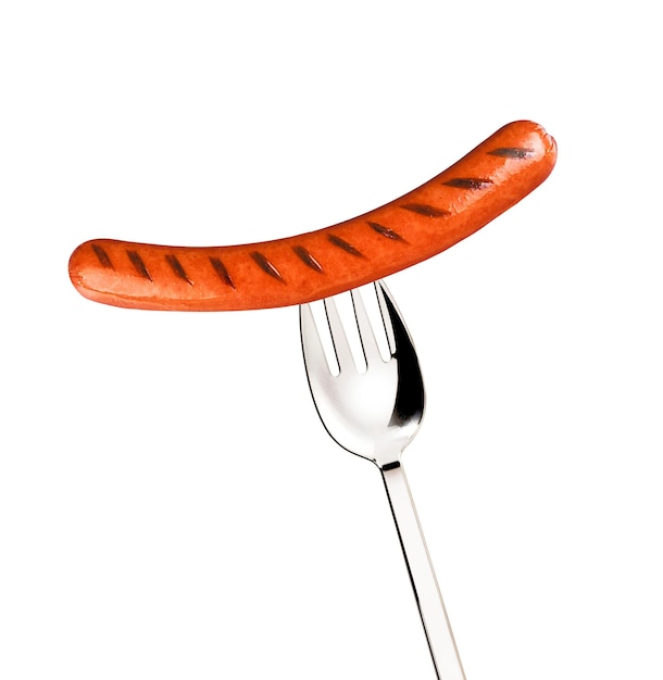 Photo closeup of fried sausage on a fork