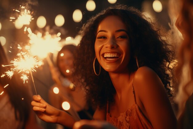 Closeup of friends holding sparklers at a generative ai