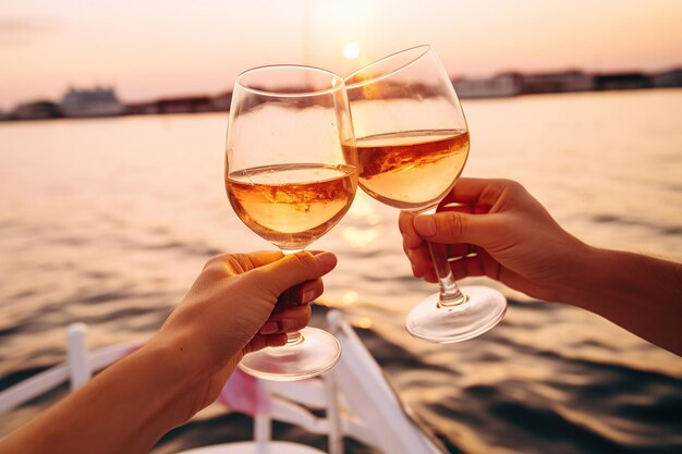 In a closeup friends toast with sparkling wine glasses on a yacht at sunset