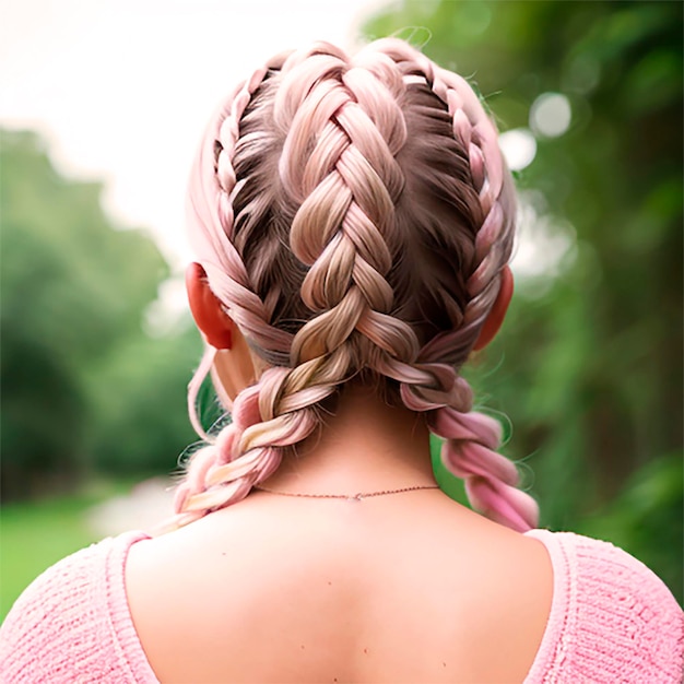 写真 closeup from behind a woman's head with a braided hairdo and pink hair