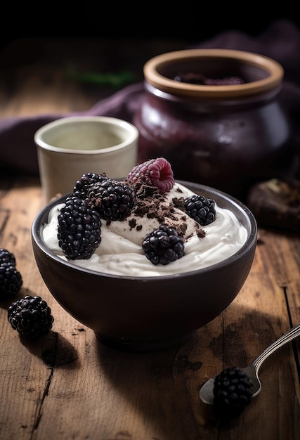 Closeup from above view of glass with walnut granola mixed with blueberries and yogurt placed on wooden chopping board near jar Created with Generative AI technology