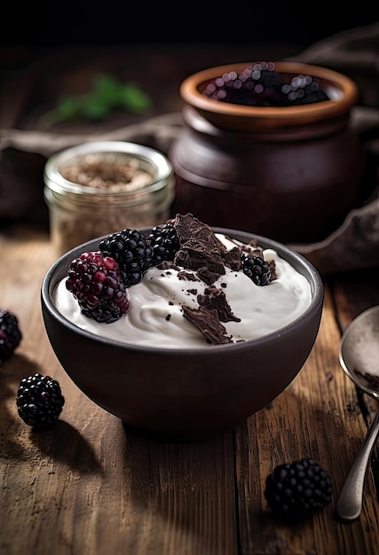 Closeup from above view of glass with walnut granola mixed with blueberries and yogurt placed on wooden chopping board near jar Created with Generative AI technology