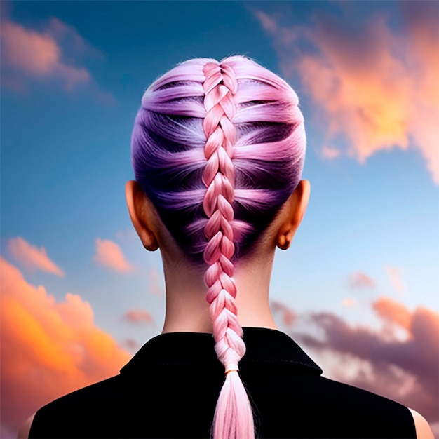 Foto close-up da dietro la testa di una donna con i capelli intrecciati e i capelli rosa