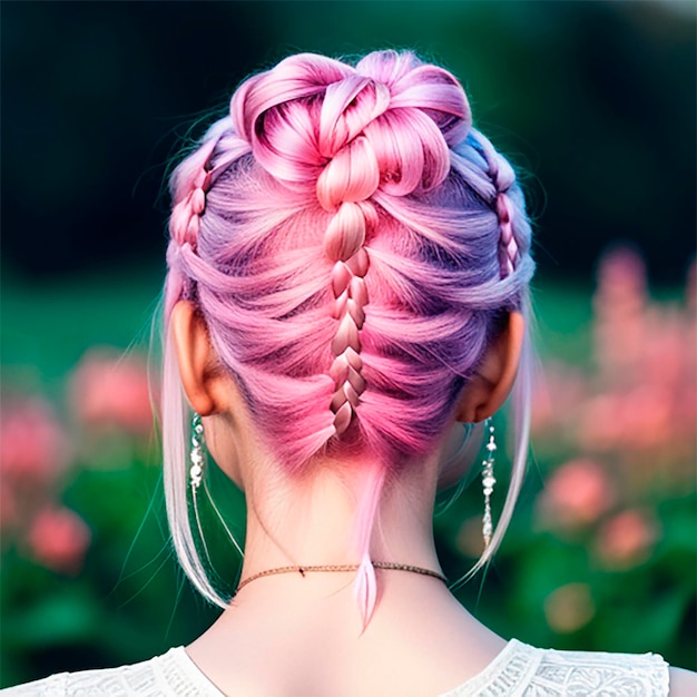 Close-up da dietro la testa di una donna con i capelli intrecciati e i capelli rosa