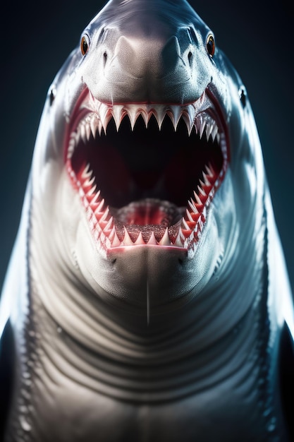 Photo closeup front view portrait of roaring shark generative ai