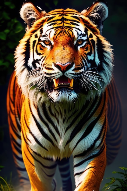 Foto primo piano vista frontale ritratto di tigre ruggente ia generativa