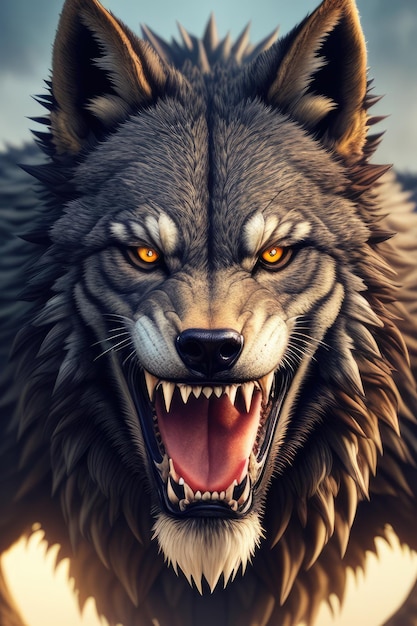 Closeup front view portrait of roaring Werewolf Generative AI