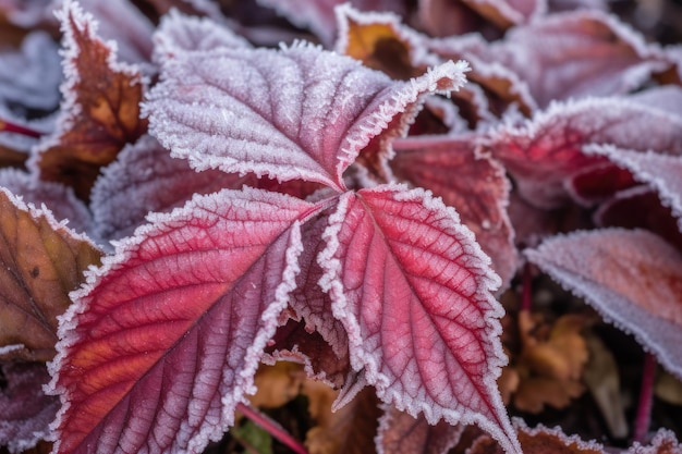 Closeup of frost crystals on vibrant autumn leaves created with generative ai