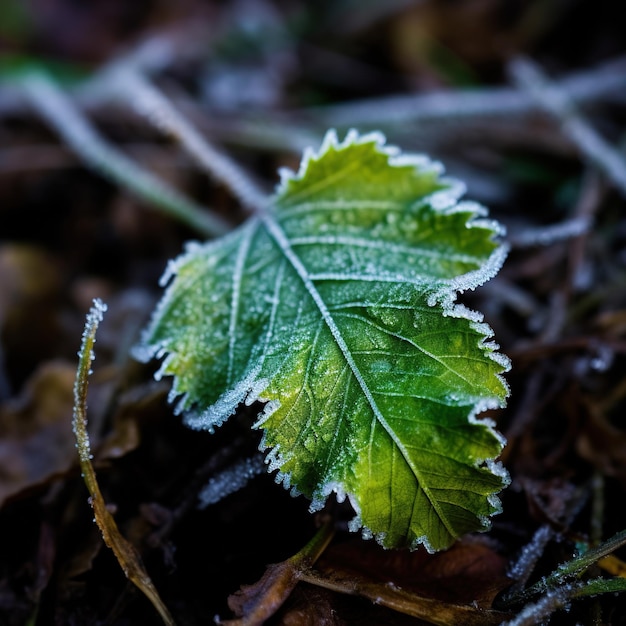 closeup of frosted leaves